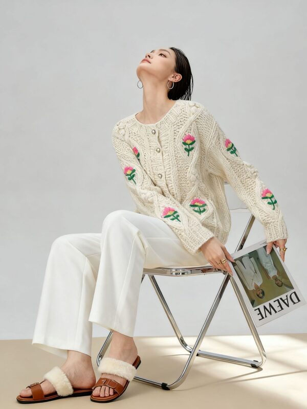 Women's Viscose Fiber Cardigan Crew Neck Long Sleeve Sweater Manufacturer - MOQ 100 pcs - Style 58052