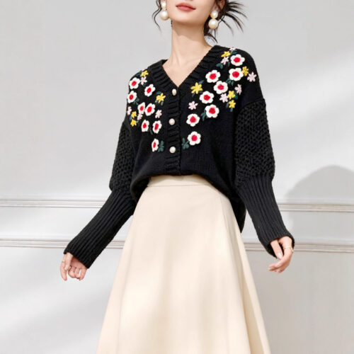 Women's Viscose Fiber Cardigan V Neck Long Sleeve Sweater Manufacturer - MOQ 100 pcs - Style 58059