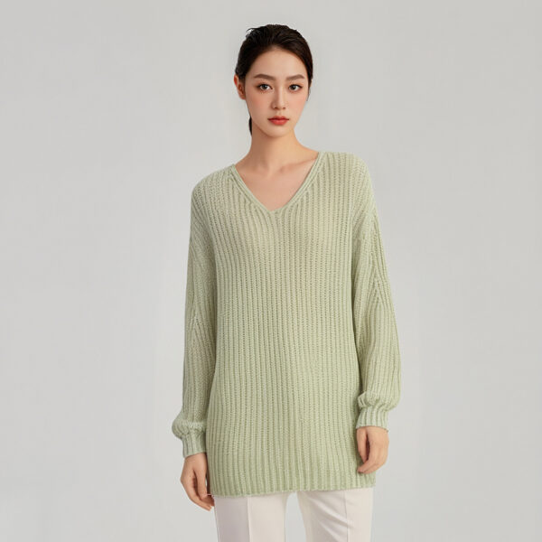 Women’s Sage Green Ribbed V-Neck Pullover Sweater — Style 7142 - KnitwearSource
