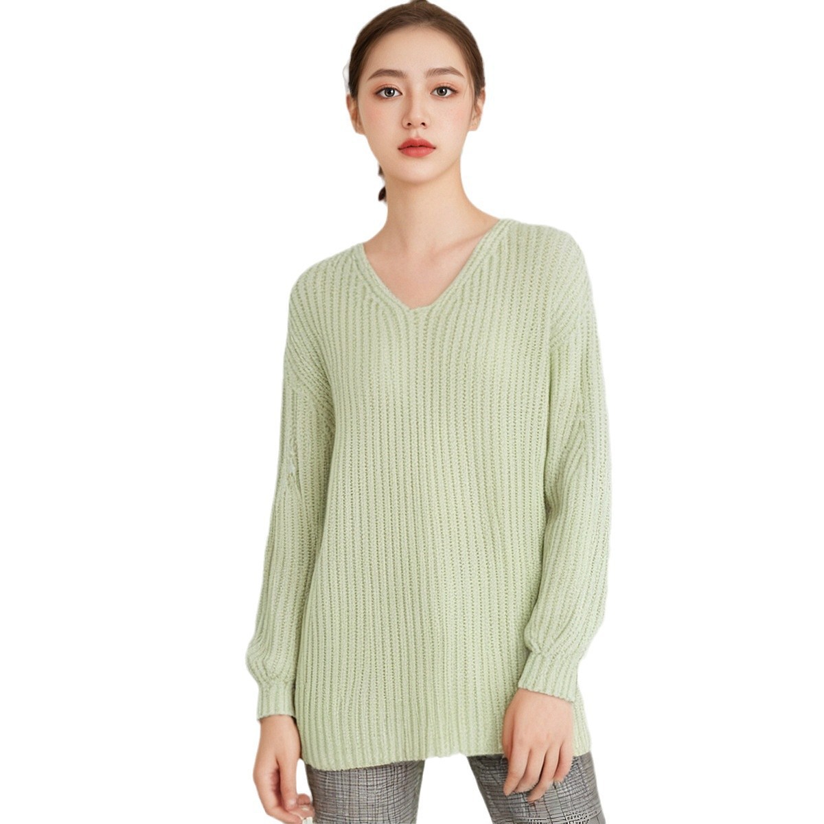 Women's Viscose Fiber Pullover V Neck Long Sleeve Sweater Manufacturer - MOQ 100 pcs - Style 7142