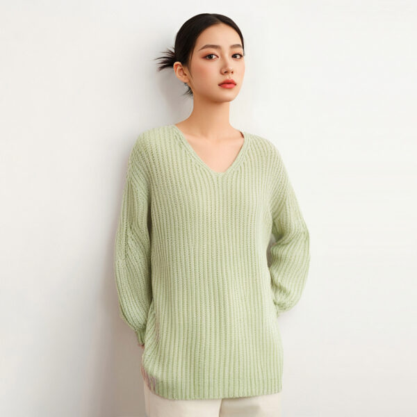 Women’s Sage Green Ribbed V-Neck Pullover Sweater — Style 7142 - KnitwearSource