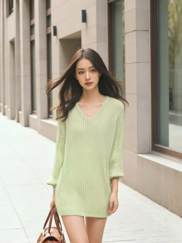 Women’s Sage Green Ribbed V-Neck Pullover Sweater — Style 7142 - KnitwearSource
