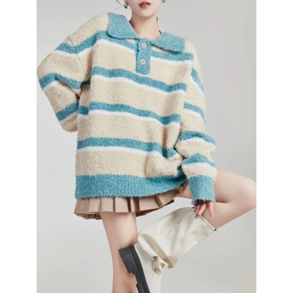 Women’s Blue Stripe Fuzzy Polo Oversized Sweater — Style 7147 - KnitwearSource