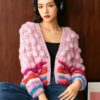 Women's Viscose Fiber V Neck Long Sleeve Sweater Manufacturer - MOQ 100 pcs - Style 87017 Women’s Pink Rainbow-Trim Fuzzy Short-Sleeve Knit Top — Style 87017 - KnitwearSource
