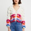 Women's Viscose Fiber V Neck Long Sleeve Sweater Manufacturer - MOQ 100 pcs - Style 87017 Women’s Pink Rainbow-Trim Fuzzy Short-Sleeve Knit Top — Style 87017 - KnitwearSource
