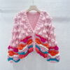 Women's Viscose Fiber V Neck Long Sleeve Sweater Manufacturer - MOQ 100 pcs - Style 87017 Women’s Pink Rainbow-Trim Fuzzy Short-Sleeve Knit Top — Style 87017 - KnitwearSource