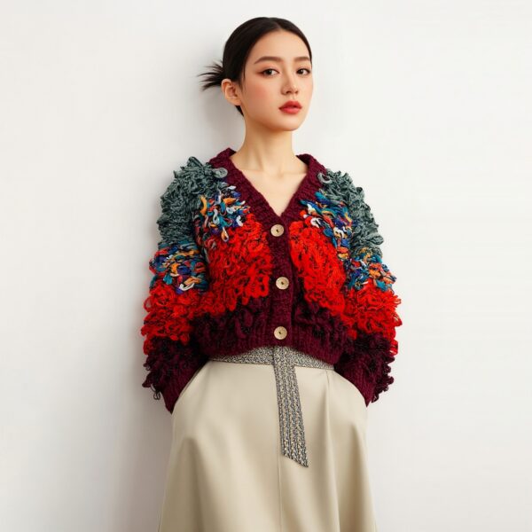 Women's Viscose Fiber V Neck Long Sleeve Sweater Manufacturer - MOQ 100 pcs - Style 9016 Women’s Multicolor Loop-Knit Shaggy Button Cardigan — Style 9016 - KnitwearSource