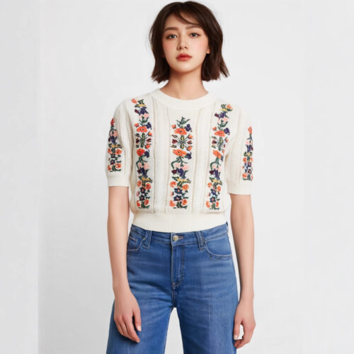 Women's Viscose Fiber Pullover Crew Neck Short Sleeve Sweater Manufacturer - MOQ 100 pcs - Style 93034