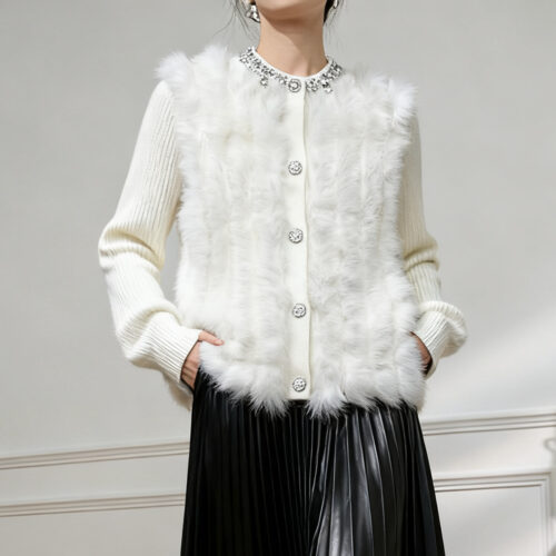Women's Cardigan Crew Neck Long Sleeve Sweater Manufacturer - MOQ 100 pcs - Style 93074 Women’s Ivory Faux-Fur Trim Pearl Cardigan — Style 93074 - KnitwearSource
