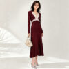 98005 product image 1 Women's Burgundy Lace-Inset Deep-V Ribbed Midi Dress — Style 98005