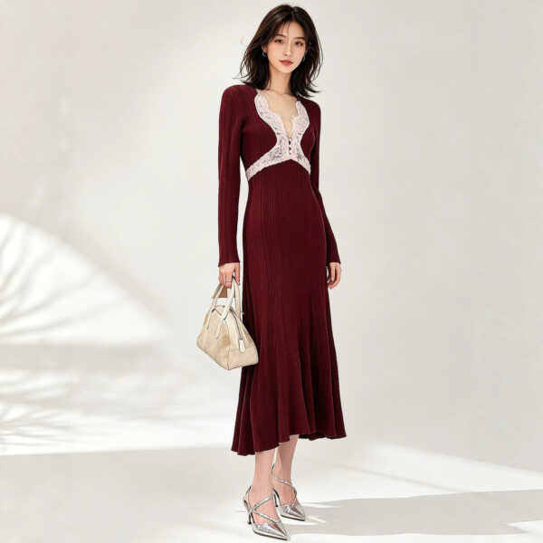98005 product image 1 Women's Burgundy Lace-Inset Deep-V Ribbed Midi Dress — Style 98005