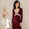 98005 product image 2 Women's Burgundy Lace-Inset Deep-V Ribbed Midi Dress — Style 98005