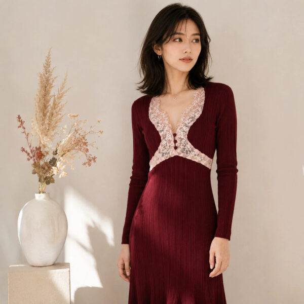 98005 product image 2 Women's Burgundy Lace-Inset Deep-V Ribbed Midi Dress — Style 98005