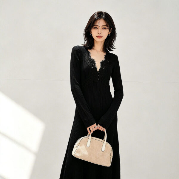98005 product image 3 Women's Burgundy Lace-Inset Deep-V Ribbed Midi Dress — Style 98005