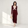 98005 product image 6 Women's Burgundy Lace-Inset Deep-V Ribbed Midi Dress — Style 98005