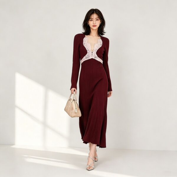 98005 product image 6 Women's Burgundy Lace-Inset Deep-V Ribbed Midi Dress — Style 98005