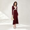 98005 product image 7 Women's Burgundy Lace-Inset Deep-V Ribbed Midi Dress — Style 98005