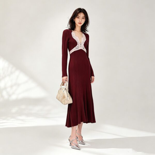 98005 product image 7 Women's Burgundy Lace-Inset Deep-V Ribbed Midi Dress — Style 98005