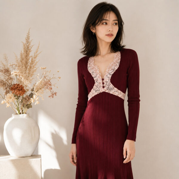 98005 product image 8 Women's Burgundy Lace-Inset Deep-V Ribbed Midi Dress — Style 98005