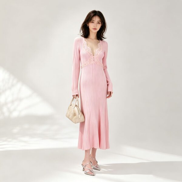 98005 product image 18 Women's Burgundy Lace-Inset Deep-V Ribbed Midi Dress — Style 98005
