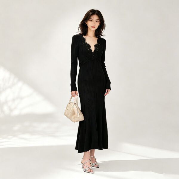 98005 product image 21 Women's Burgundy Lace-Inset Deep-V Ribbed Midi Dress — Style 98005
