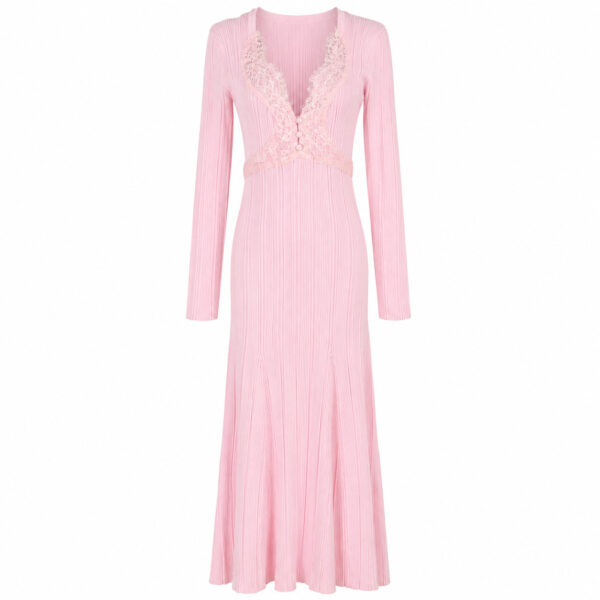 98005 product image 26 Women's Burgundy Lace-Inset Deep-V Ribbed Midi Dress — Style 98005