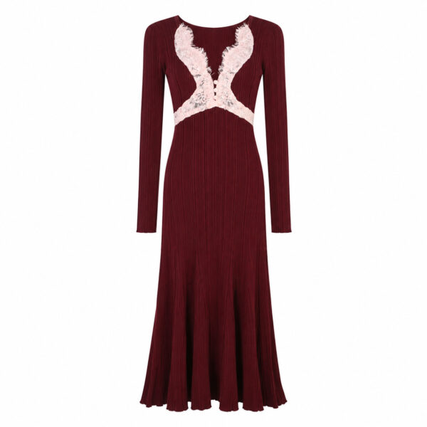 98005 product image 27 Women's Burgundy Lace-Inset Deep-V Ribbed Midi Dress — Style 98005