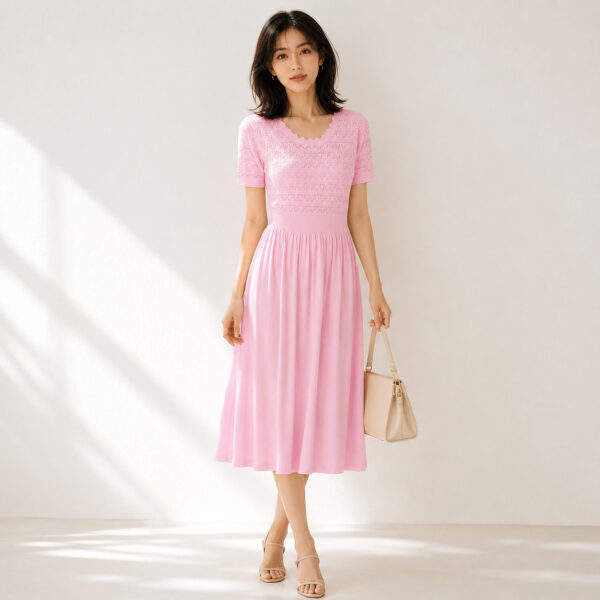 98006 product image 8 Women's Pink Pointelle-Bodice Fit-and-Flare Midi Dress — Style 98006