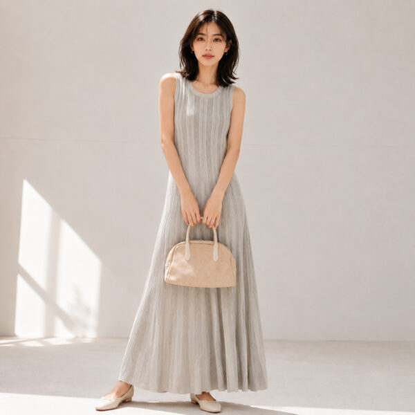 Women's Greige Ribbed Sleeveless Maxi Knit Dress — Style 98009