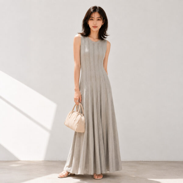 Women's Greige Ribbed Sleeveless Maxi Knit Dress — Style 98009