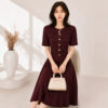 98010 product image 1 Women's Burgundy Button-Front Short-Sleeve Midi Knit Dress — Style 98010