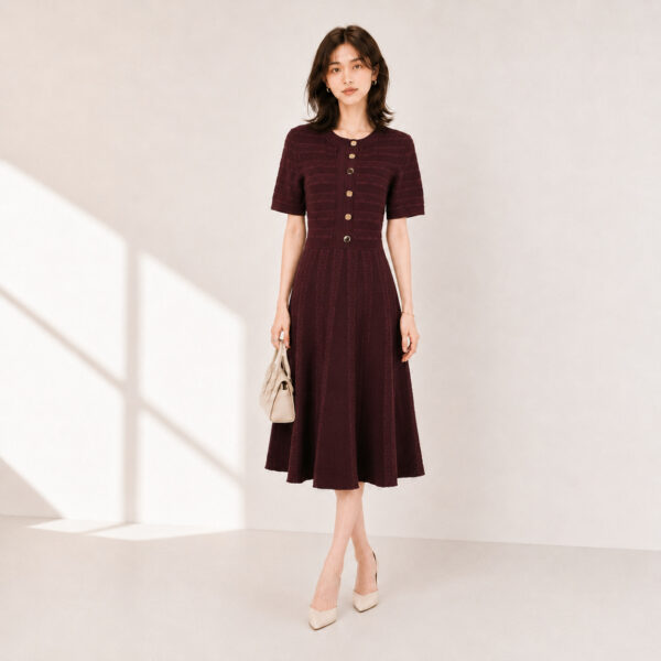 98010 product image 6 Women's Burgundy Button-Front Short-Sleeve Midi Knit Dress — Style 98010