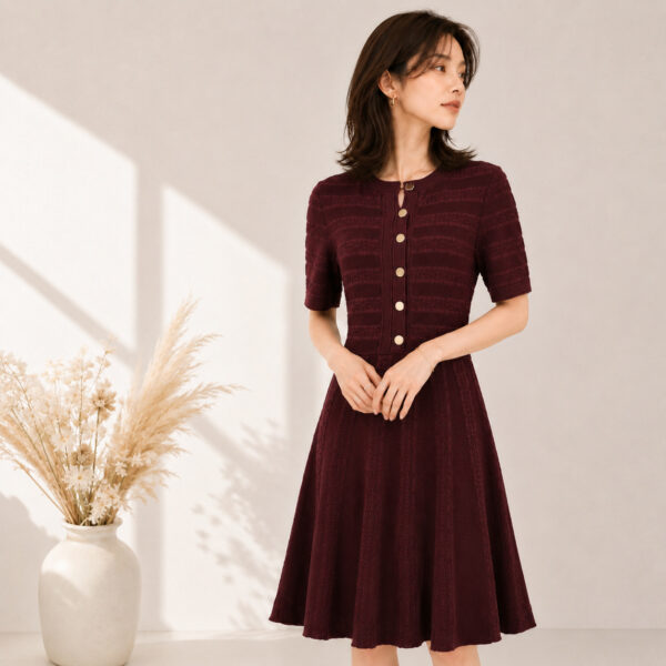 98010 product image 9 Women's Burgundy Button-Front Short-Sleeve Midi Knit Dress — Style 98010